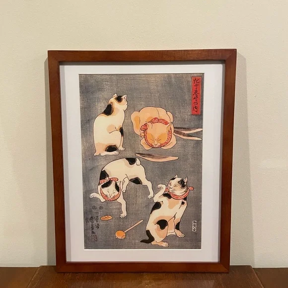 Japanese Cats 12x15 Kuniyoshi Ukiyoe Cats in Four Poses Framed Print Wall Art - Picture 1 of 3